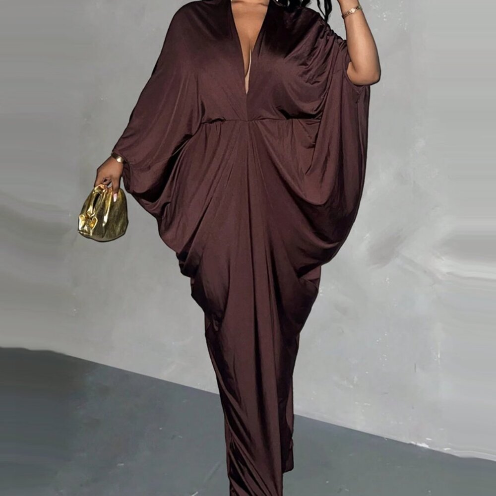 Evening Plunging Neckline Batwing Maxi Dress